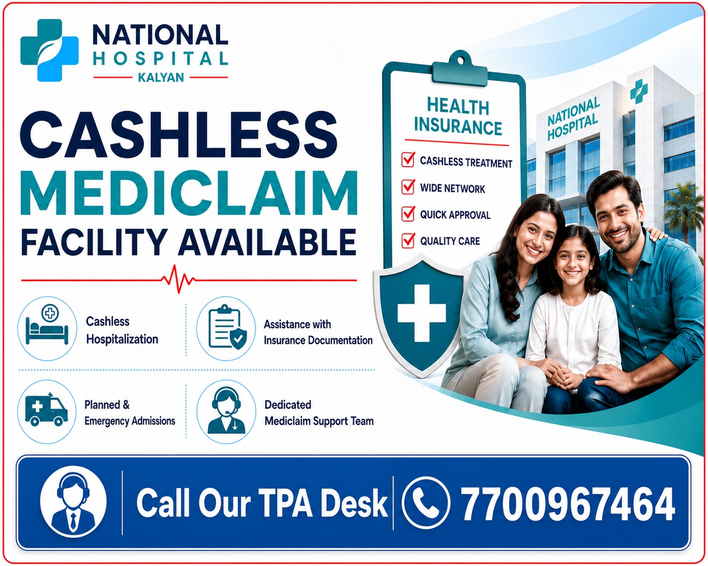 Cashless mediclaim facility available at National Hospital Kalyan with health insurance support, cashless treatment, emergency admission assistance, and TPA desk contact services.